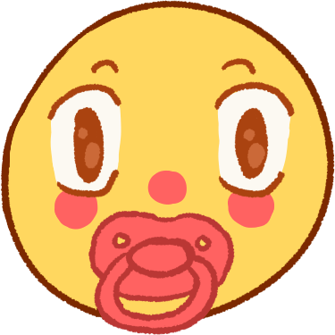 an emoji yellow head, sucking on a light pink pacifier. it has wide eyes and light pink blush in a neutral expression